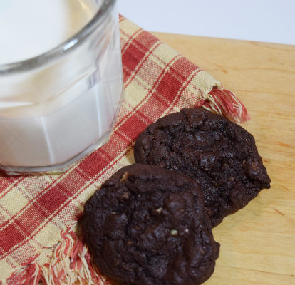 2 chocolate cookies with a glass of milk on a red and white checked cloth