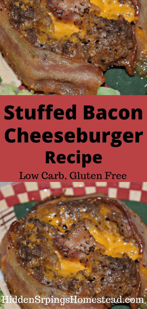 Stuffed Bacon Cheeseburger ready to eat on a red plate. Hidden Springs Homestead