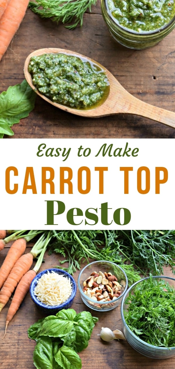 carrot top pesto in a wooden spoon laying on a cutting board