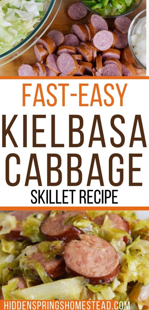 kielbasa and cabbage on a plate. cut kielbasa in the upper image.