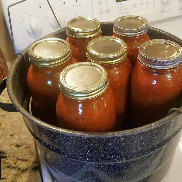 Water bath canner with 6 quart jars of freshly canned homemade spaghetti sauce sitting on the counter.