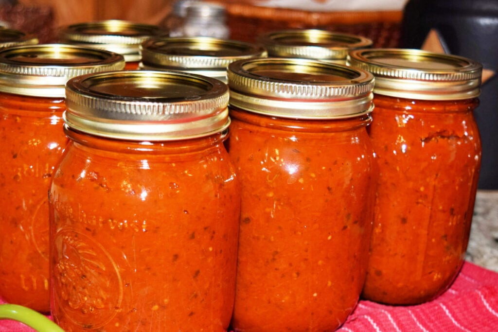 Jars of freshly canned homemade spaghetti sauce on the counter.
