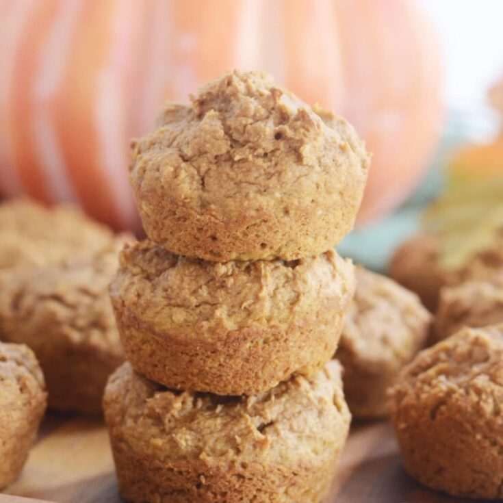 pumpkin muffins stacked on a surface with a sugar pumpkin in the background