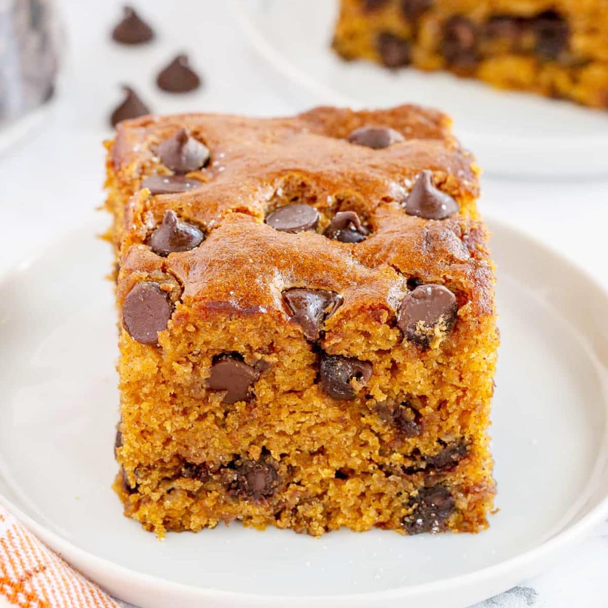 pumpkin cake with chocolate chips on a plate