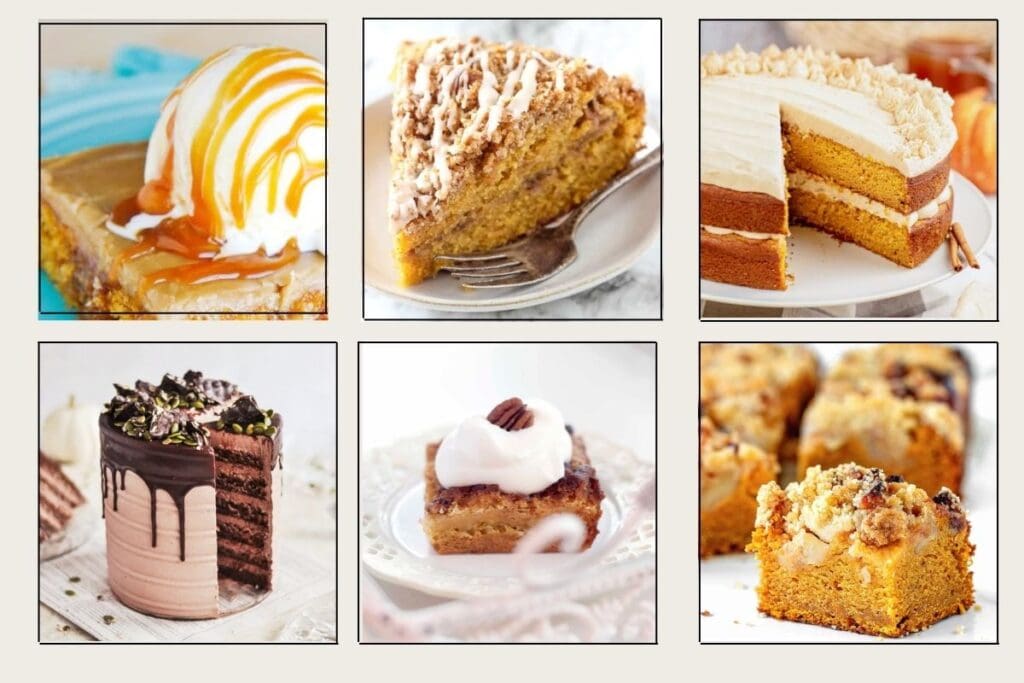 beautiful pumpkin cakes in a collage for pumpkin cake recipes