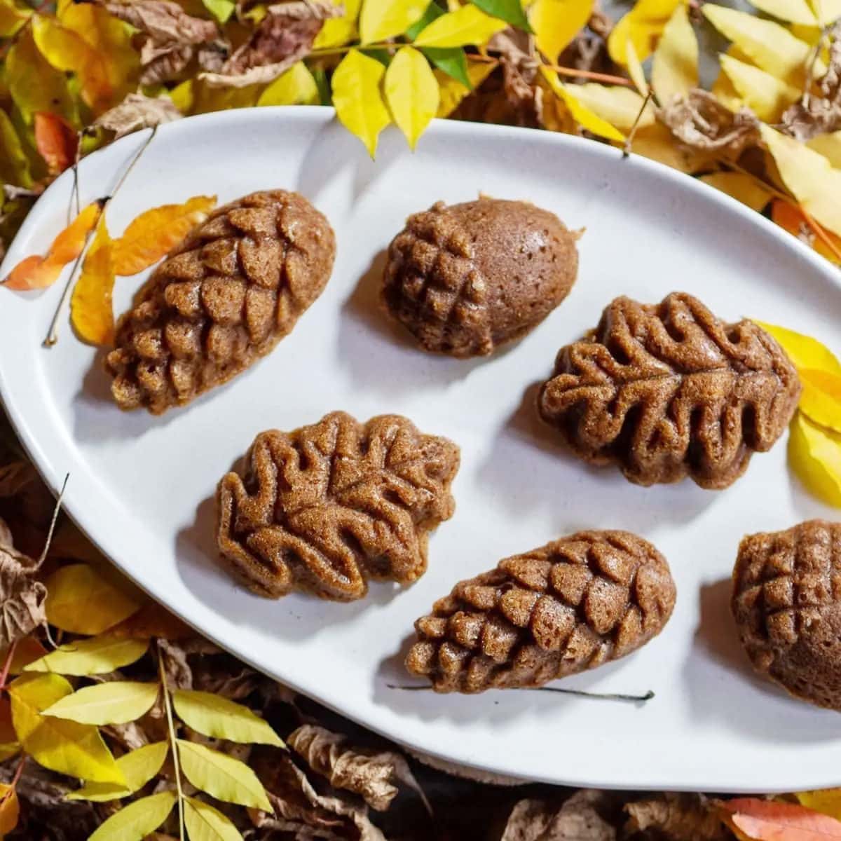 pumpkin cakelets in shapes of leaves on a white platter