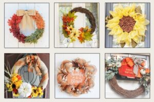 collage of 6 diy fall wreaths brightly colored with oranges, golds, reds