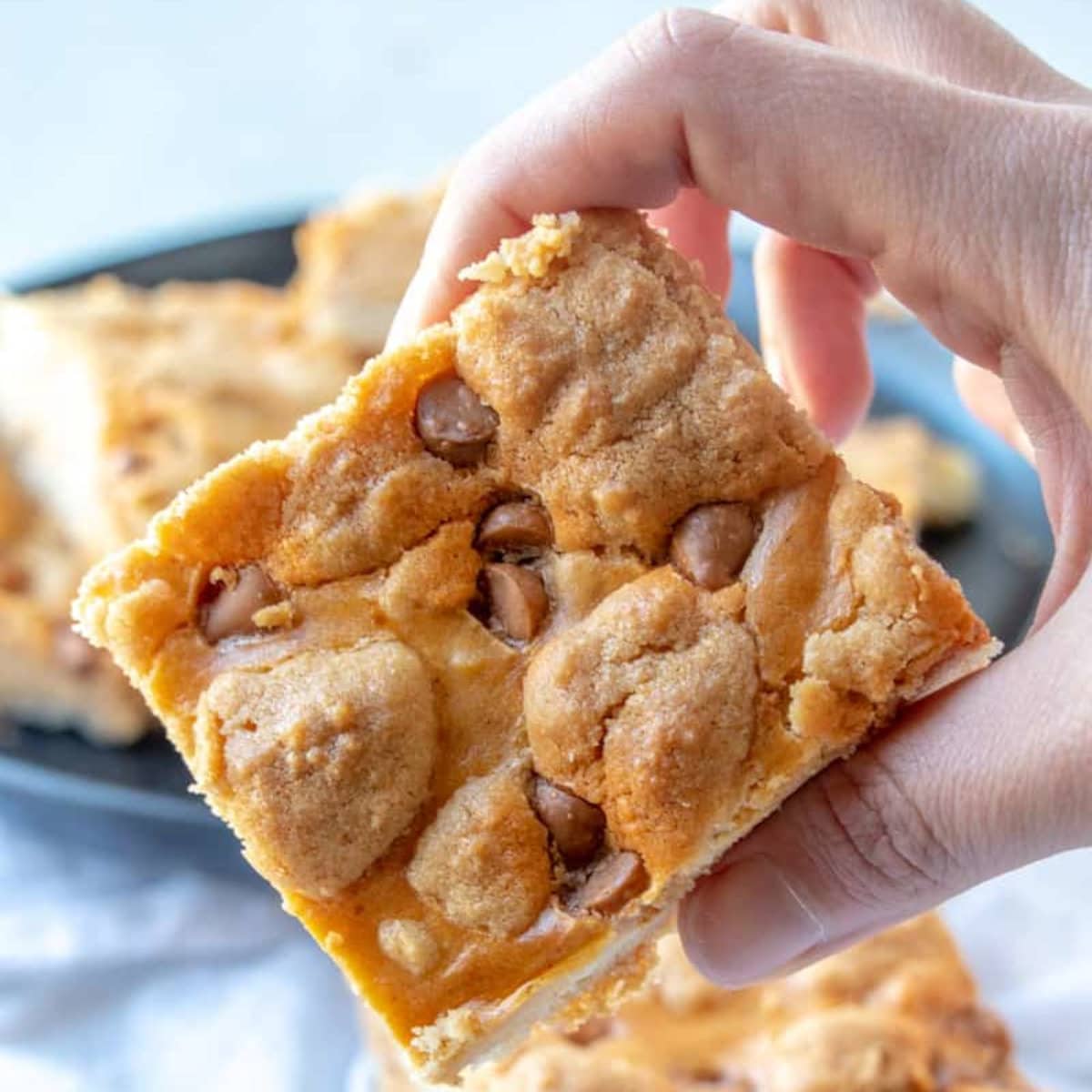 a pumpkin cheesecake sugar cookie being held in a womans hand