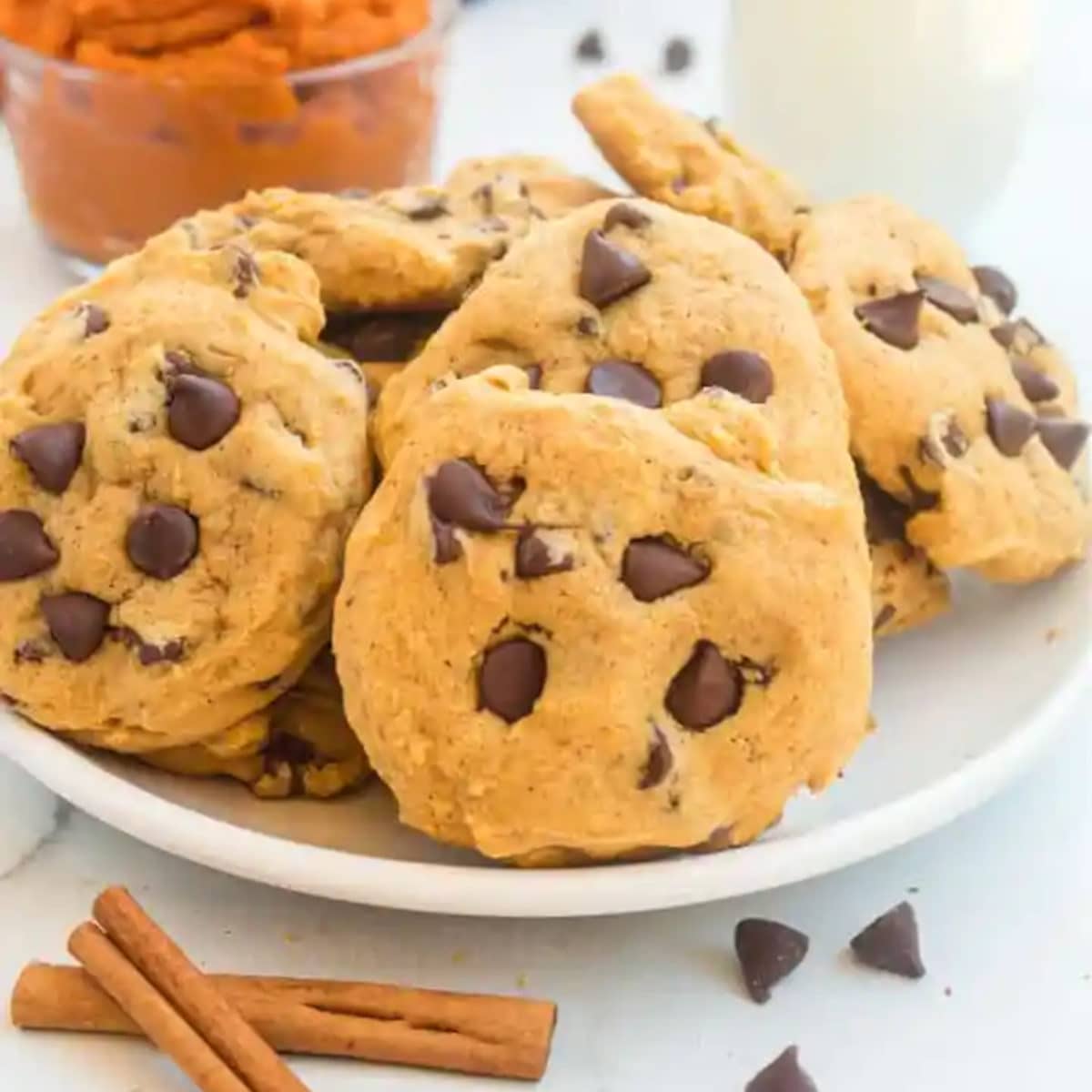 pumpkin chocolate chip cookies on a white plate with two cinnamon stick and 2 chocolate chips laying near them
