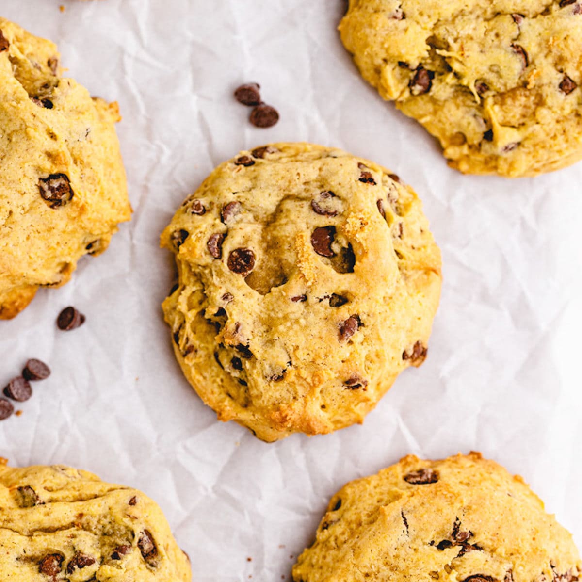 pumpkin cookies smothered with chocolate chips on a surface