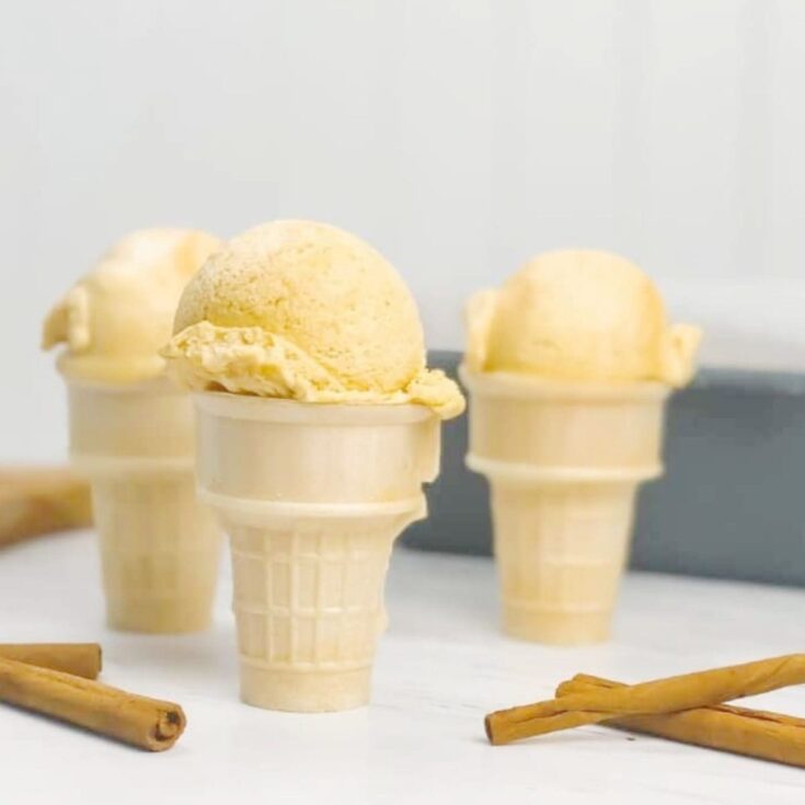 Three pumpkin chai ice cream cones with sticks of cinnamon lying on the counter.