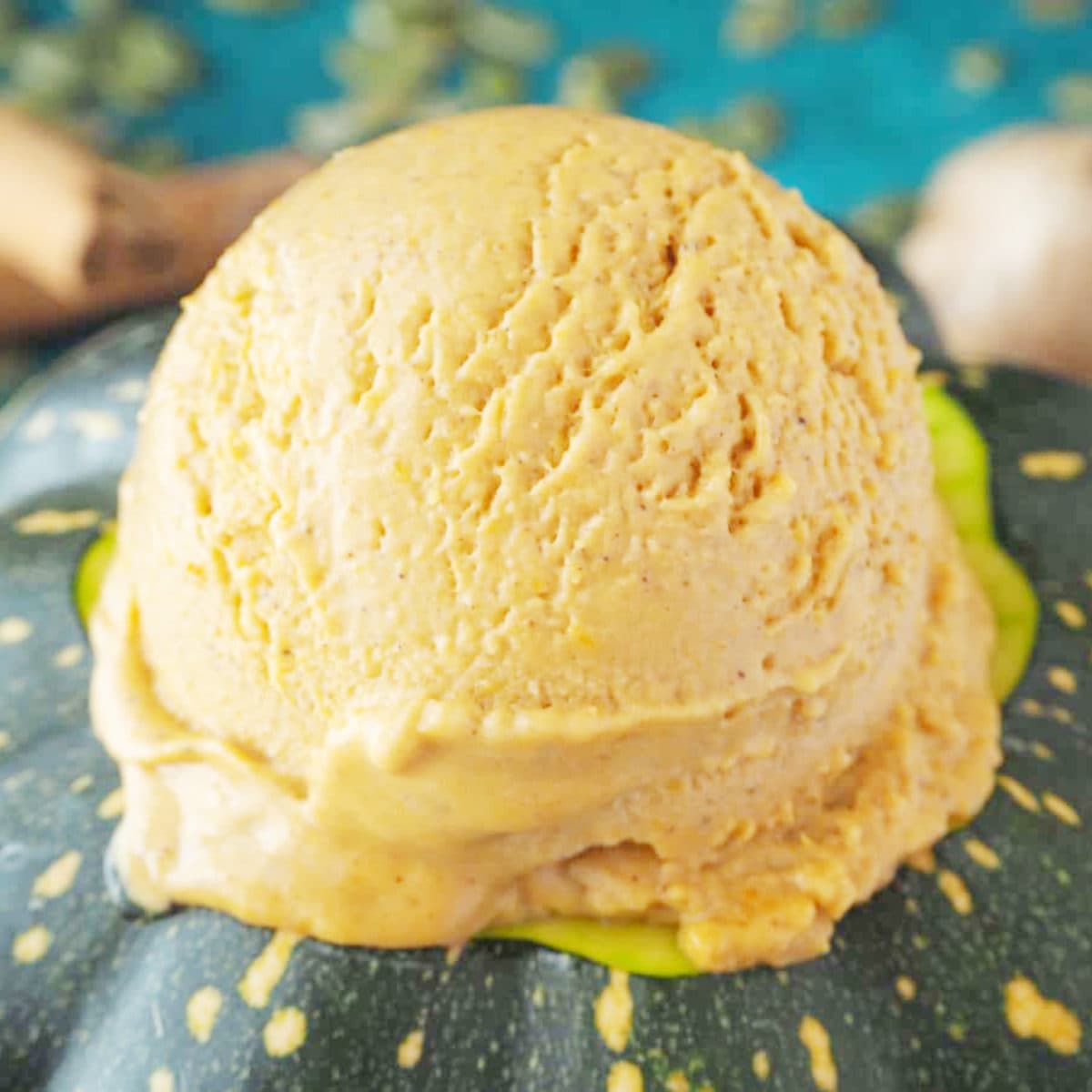 a scoop of pumkin ice cream on top of a colorful pumkin squash