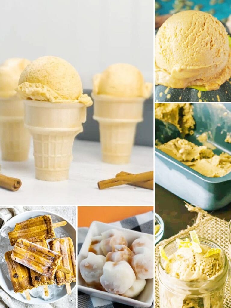 Collage of 5 frozen pumpkin ice cream desserts.