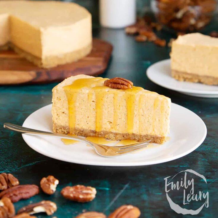 amazing pumpkin cheesecake slice on a saucer ready to eat