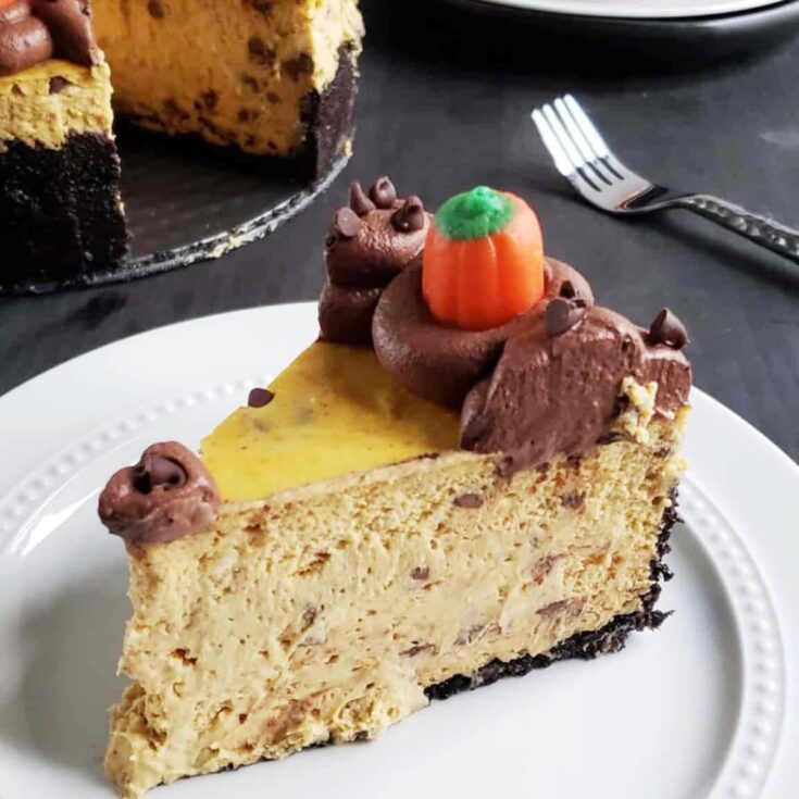 slice of chocolate chip cheesecake with a pumpkin candy on top