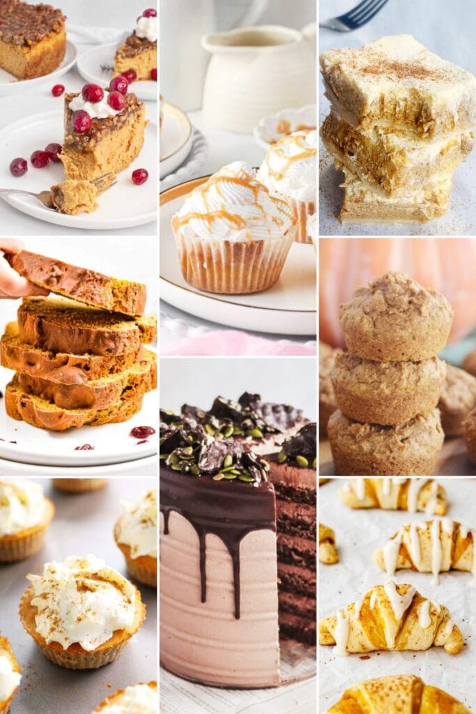 collage of eight pretty pumpkin desserts 