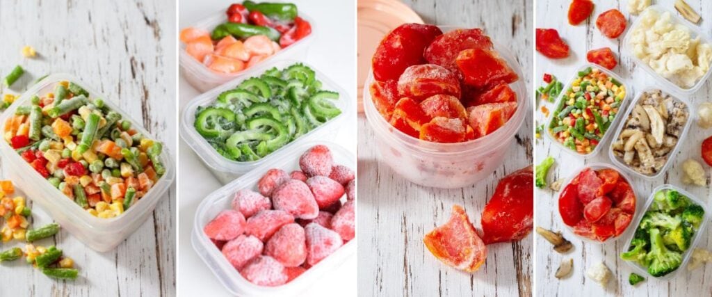 collage of frozen foods mixed vegetables, strawberries and kiwi, tomatoes, and broccoli